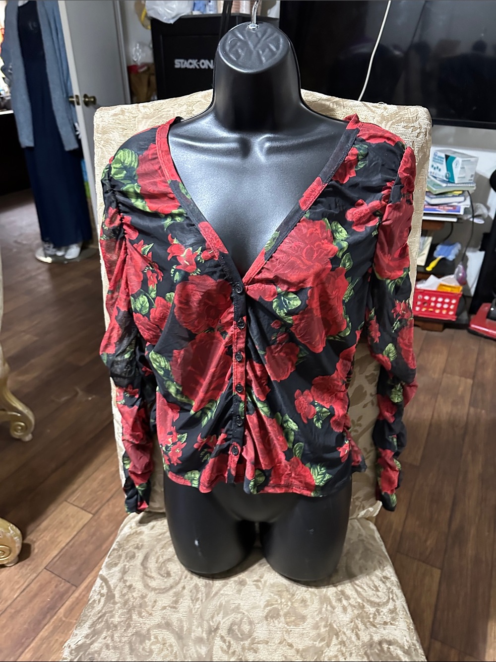 New York & Company Black V-Neck Button Floral Blouse with Red Roses